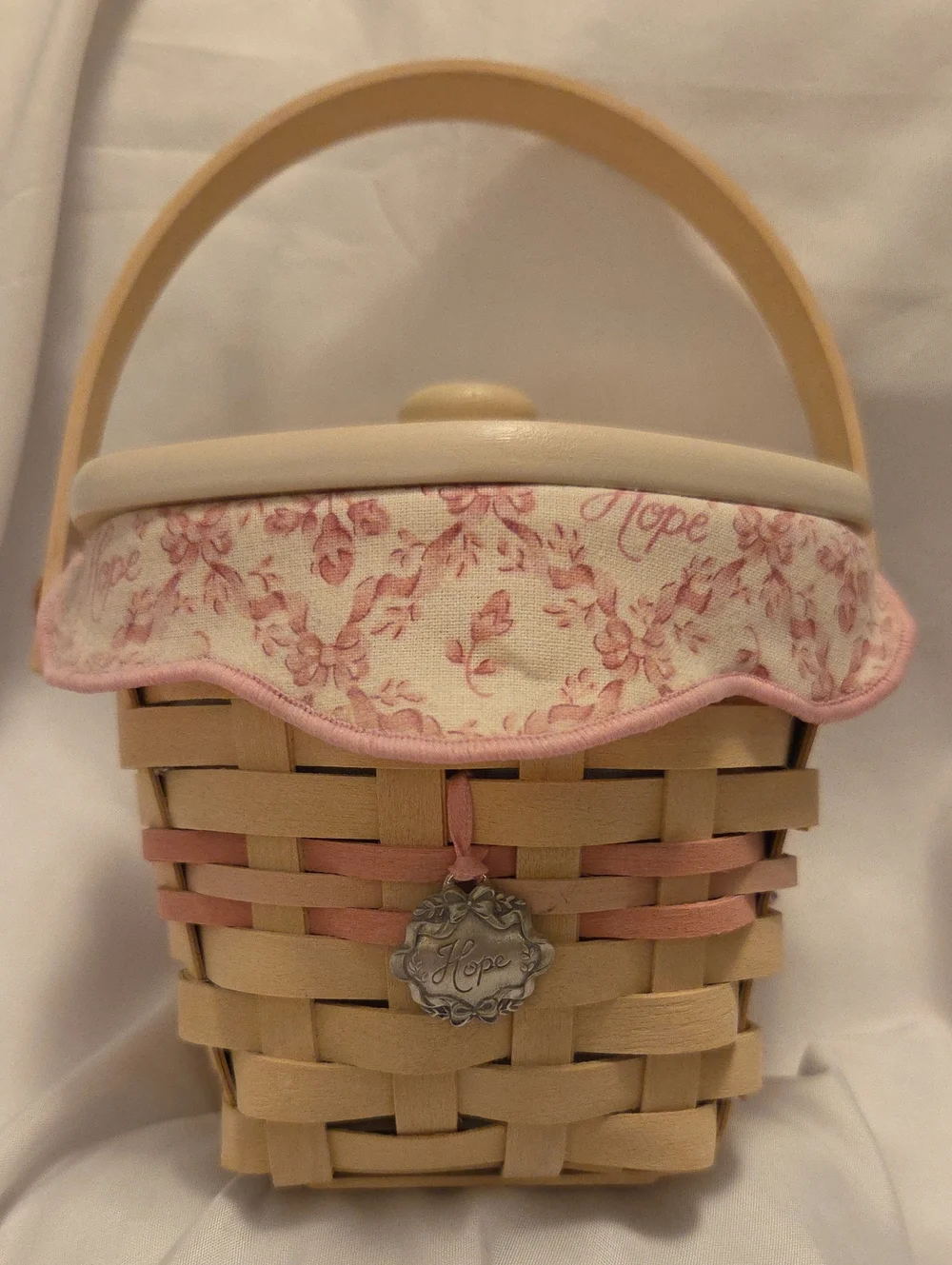 Pink Trim Woven Basket with 'Hope' Charm Longaberger